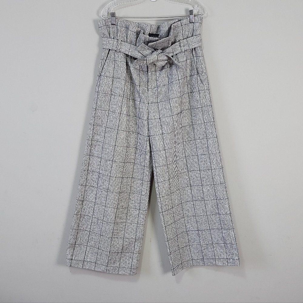 Laveer Boho Chic Paperbag Heathered Plaid Pant Size 12 Gray Tie Belt Wide Leg